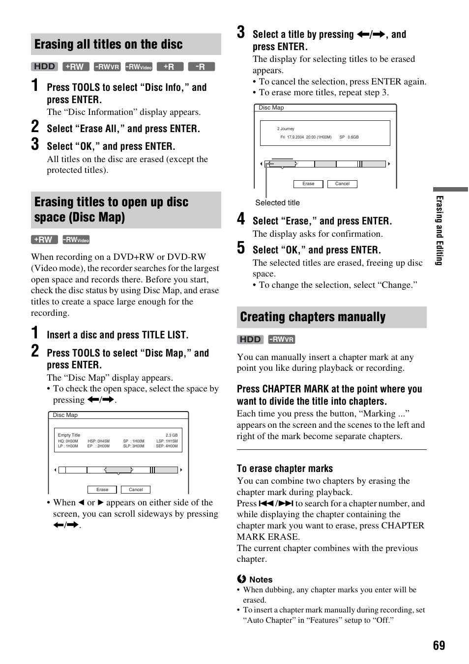 Erasing all titles on the disc, Erasing titles to open up disc space (disc map), Creating chapters manually | Sony RDR-HX1010 User Manual | Page 69 / 116