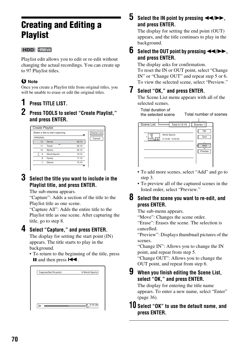 Creating and editing a playlist, Press title list, Select “capture,” and press enter | Select “ok,” and press enter | Sony RDR-HX1010 User Manual | Page 70 / 116