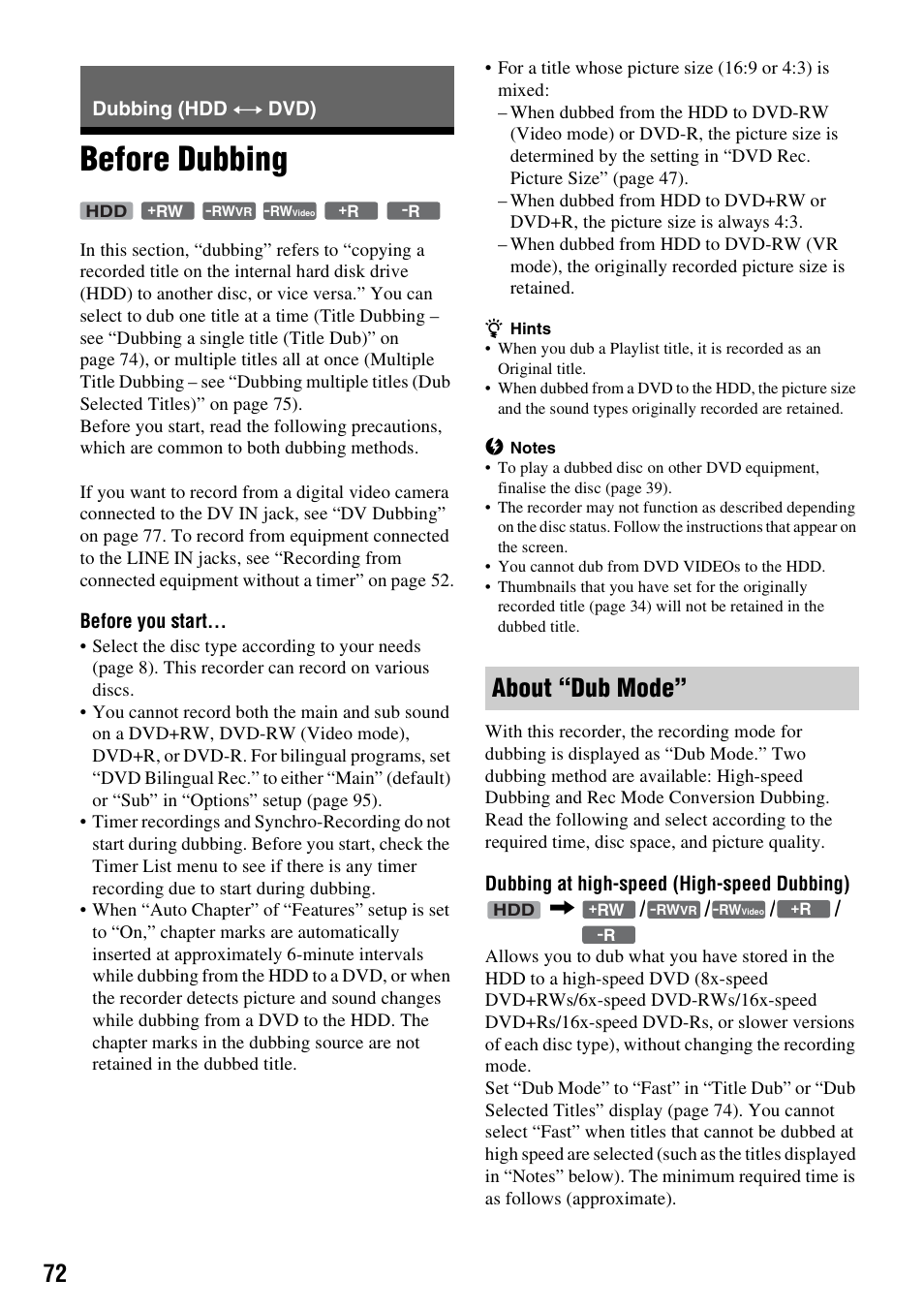 Dubbing (hdd y dvd), Before dubbing, About “dub mode | Dubbing (hdd | Sony RDR-HX1010 User Manual | Page 72 / 116