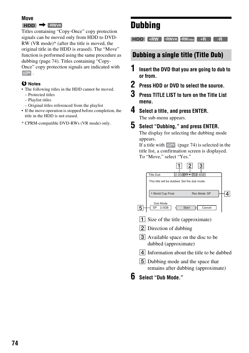 Dubbing, Dubbing a single title (title dub), Dubbing 1 | Sony RDR-HX1010 User Manual | Page 74 / 116