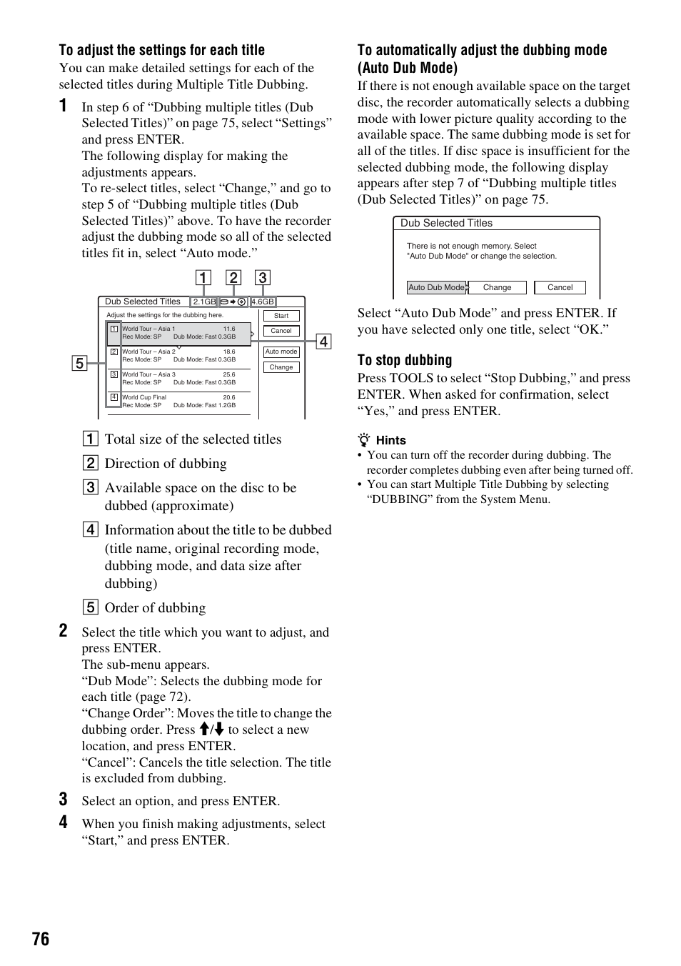 Ee “to adjust the settings for each title” be, Select an option, and press enter | Sony RDR-HX1010 User Manual | Page 76 / 116