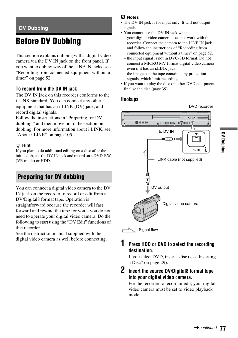 Dv dubbing, Before dv dubbing, Preparing for dv dubbing | Sony RDR-HX1010 User Manual | Page 77 / 116