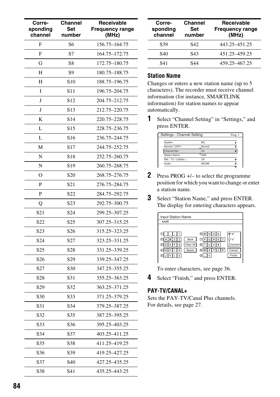 Station name, Pay-tv/canal | Sony RDR-HX1010 User Manual | Page 84 / 116