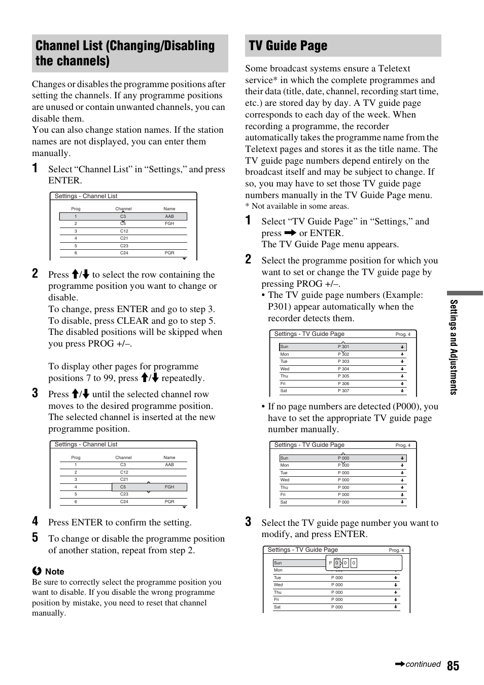Channel list (changing/disabling the channels), Tv guide page, Press enter to confirm the setting | Se tti n gs a nd adj us tm en ts, Not available in some areas | Sony RDR-HX1010 User Manual | Page 85 / 116