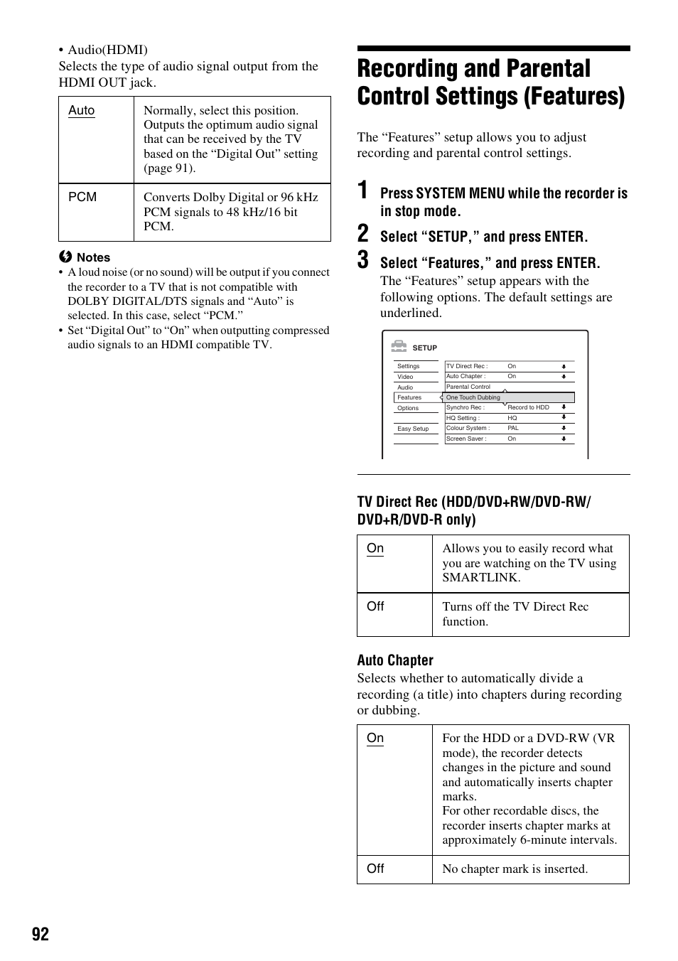 Recording and parental control settings (features), Select “setup,” and press enter, Select “features,” and press enter | Sony RDR-HX1010 User Manual | Page 92 / 116