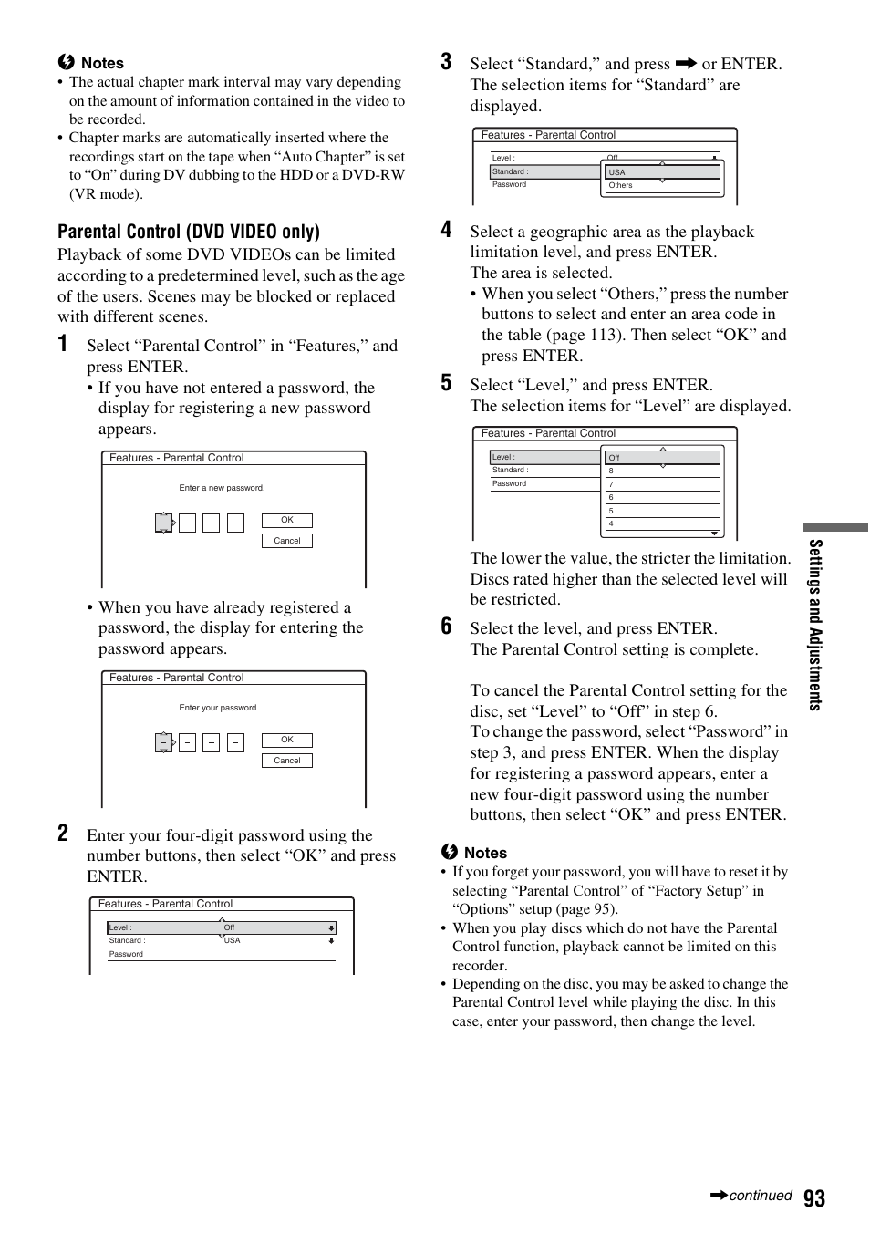Parental control (dvd video only) | Sony RDR-HX1010 User Manual | Page 93 / 116
