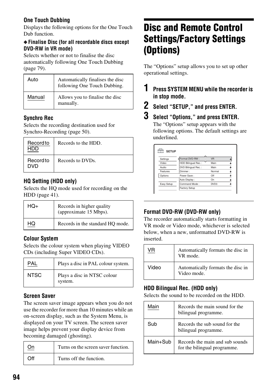 One touch dubbing, Synchro rec, Hq setting (hdd only) | Colour system, Screen saver, Select “setup,” and press enter, Select “options,” and press enter, Format dvd-rw (dvd-rw only), Hdd bilingual rec. (hdd only) | Sony RDR-HX1010 User Manual | Page 94 / 116