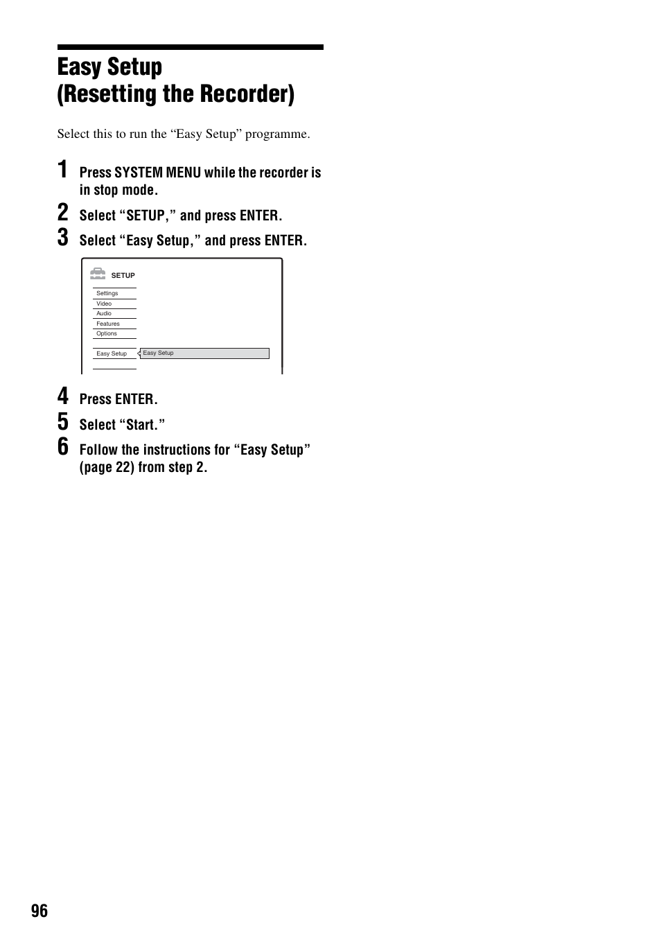 Easy setup (resetting the recorder) | Sony RDR-HX1010 User Manual | Page 96 / 116