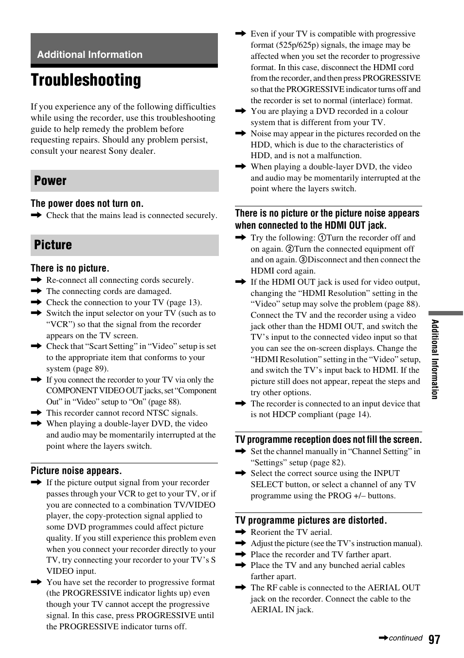 Additional information, Troubleshooting, Power picture | Sony RDR-HX1010 User Manual | Page 97 / 116
