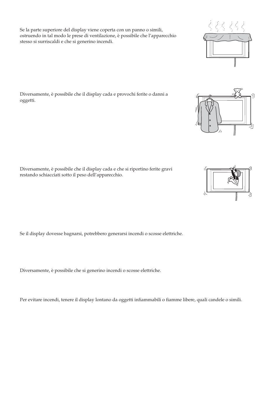 Non ostruire le prese di ventilazione del display, Non appoggiarsi né aggrapparsi al display | Sony SU-LW1 User Manual | Page 124 / 264