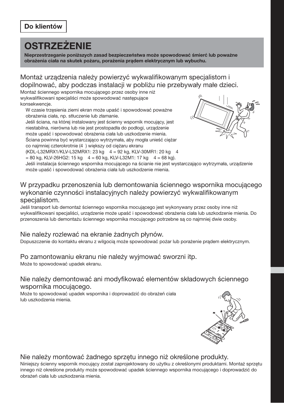 Ostrzeżenie, Do klientów, Nie należy rozlewać na ekranie żadnych płynów | Sony SU-LW1 User Manual | Page 163 / 264