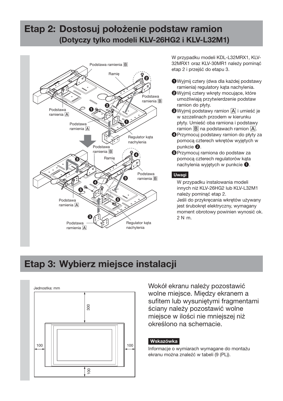 Etap 2: dostosuj położenie podstaw ramion, Etap 3: wybierz miejsce instalacji | Sony SU-LW1 User Manual | Page 168 / 264