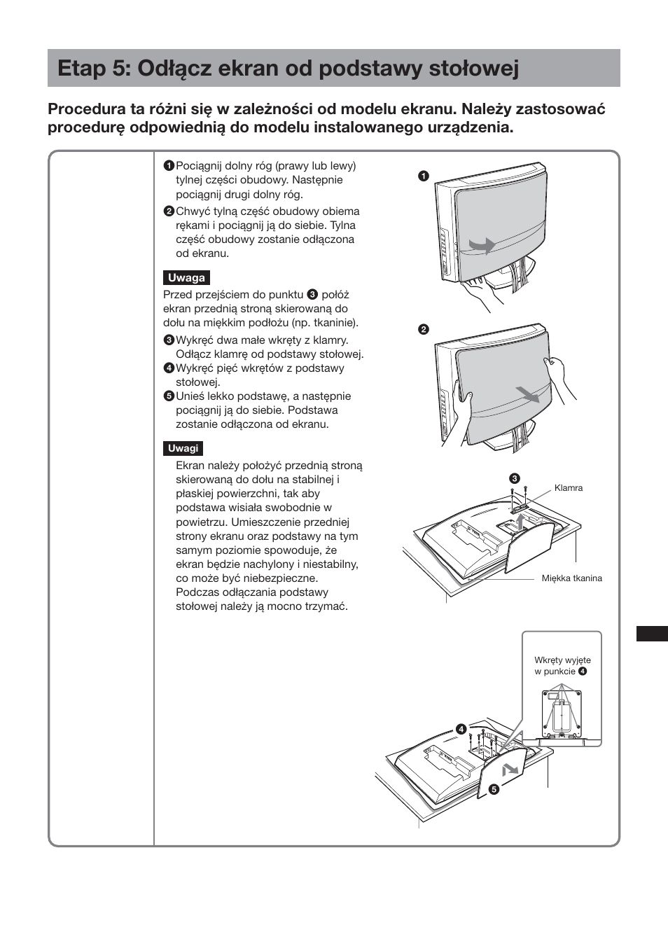 Etap 5: odłącz ekran od podstawy stołowej, Klv-26hg2 | Sony SU-LW1 User Manual | Page 173 / 264