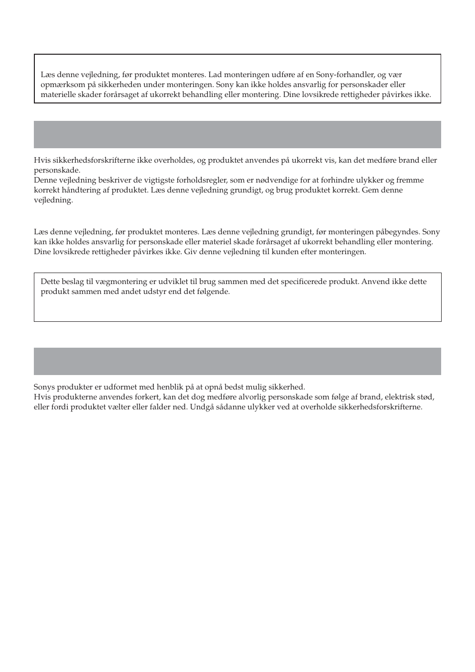 Advarsel, Om sikkerhed | Sony SU-LW1 User Manual | Page 222 / 264