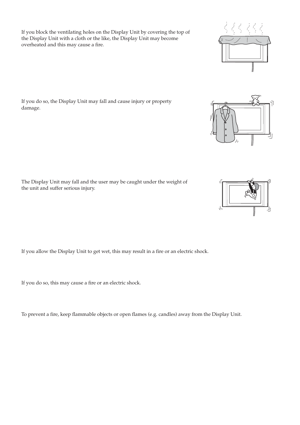 Do not lean on or hang from the display unit | Sony SU-LW1 User Manual | Page 4 / 264