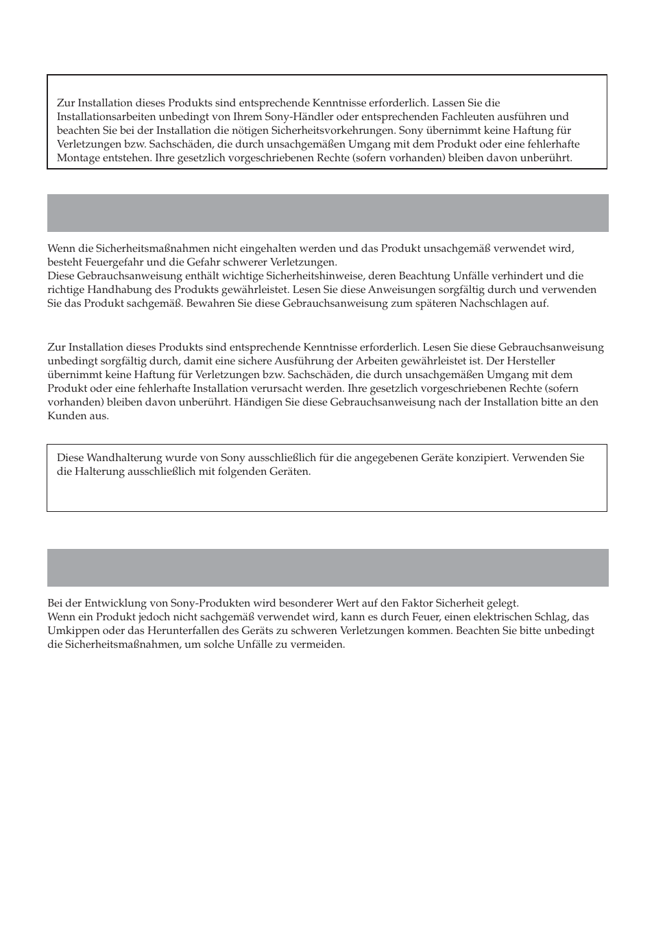 Achtung, Sicherheit | Sony SU-LW1 User Manual | Page 42 / 264