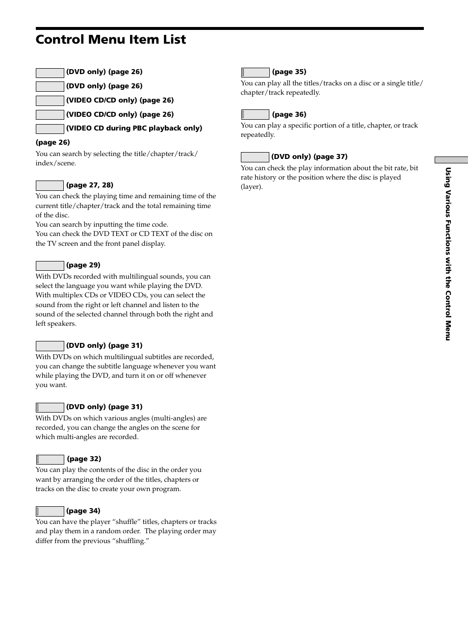 Control menu item list | Sony DVP-K333 User Manual | Page 25 / 72