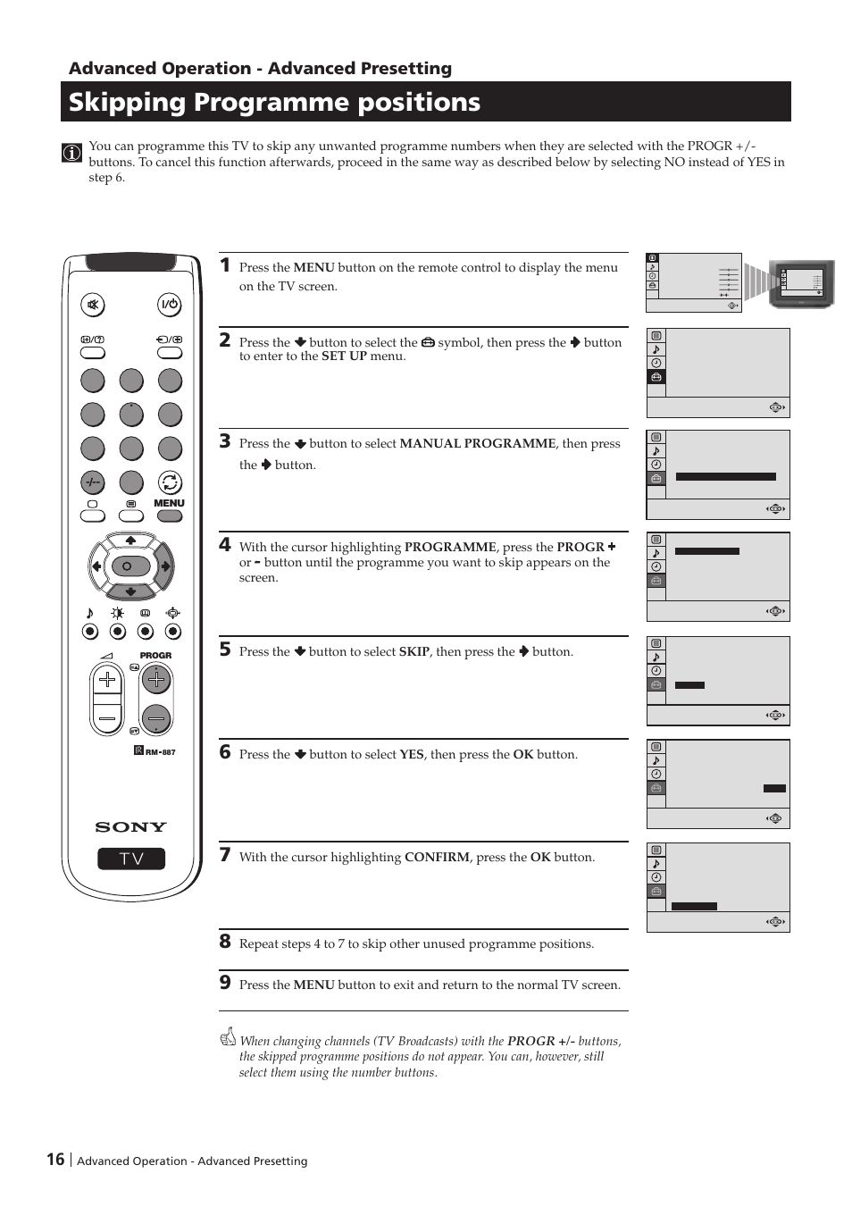 Skipping programme positions, Advanced operation - advanced presetting | Sony KV-25FX20D User Manual | Page 16 / 26