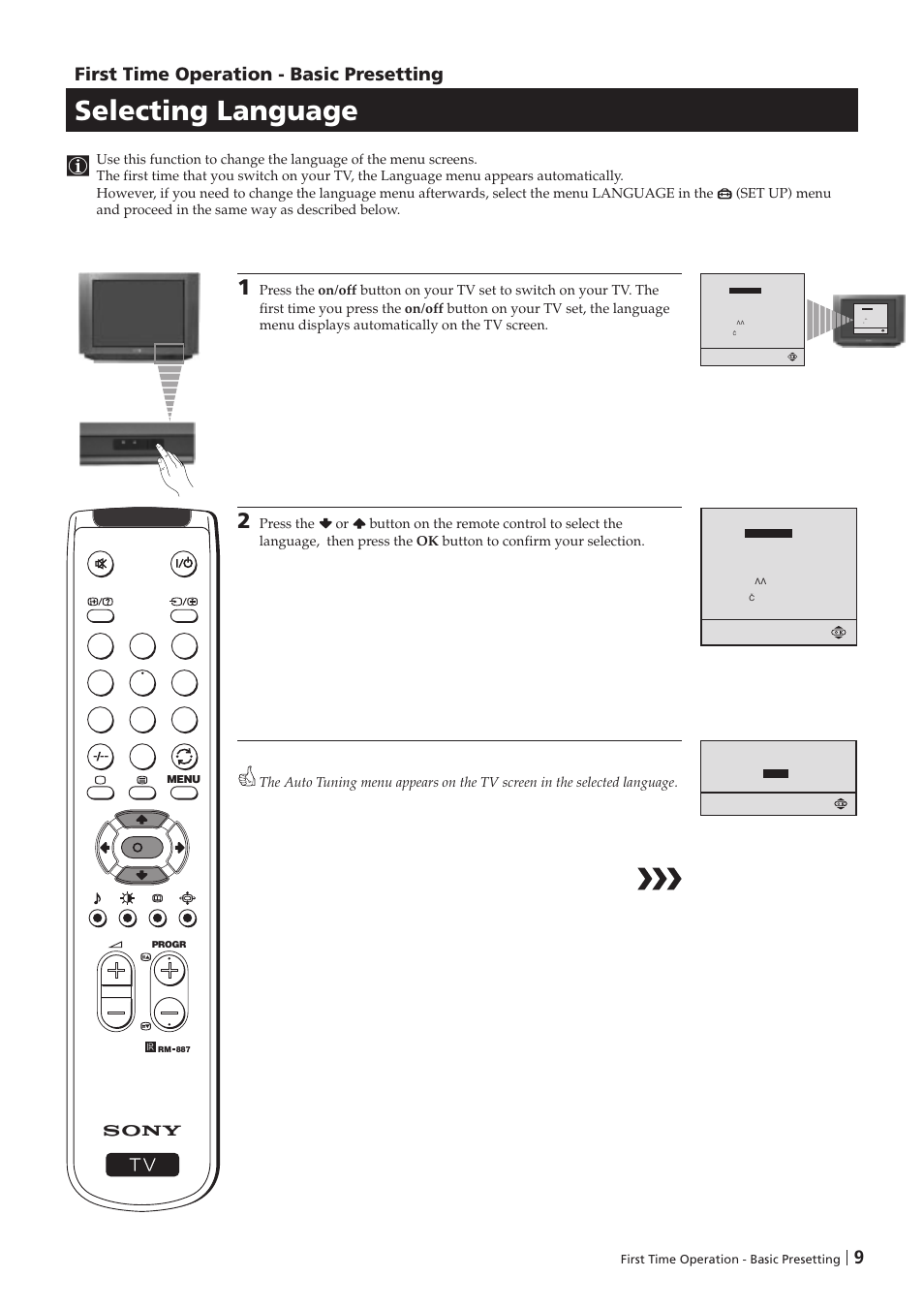 Selecting language, 9first time operation - basic presetting | Sony KV-25FX20D User Manual | Page 9 / 26