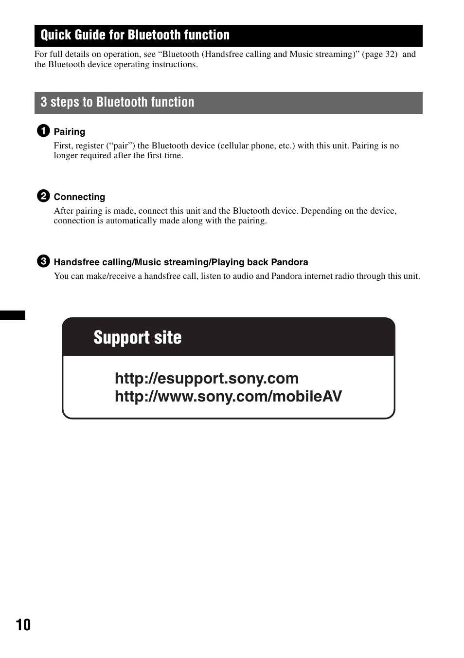 Quick guide for bluetooth function, 3 steps to bluetooth function, Support site | Sony DSX-S310BTX User Manual | Page 10 / 108