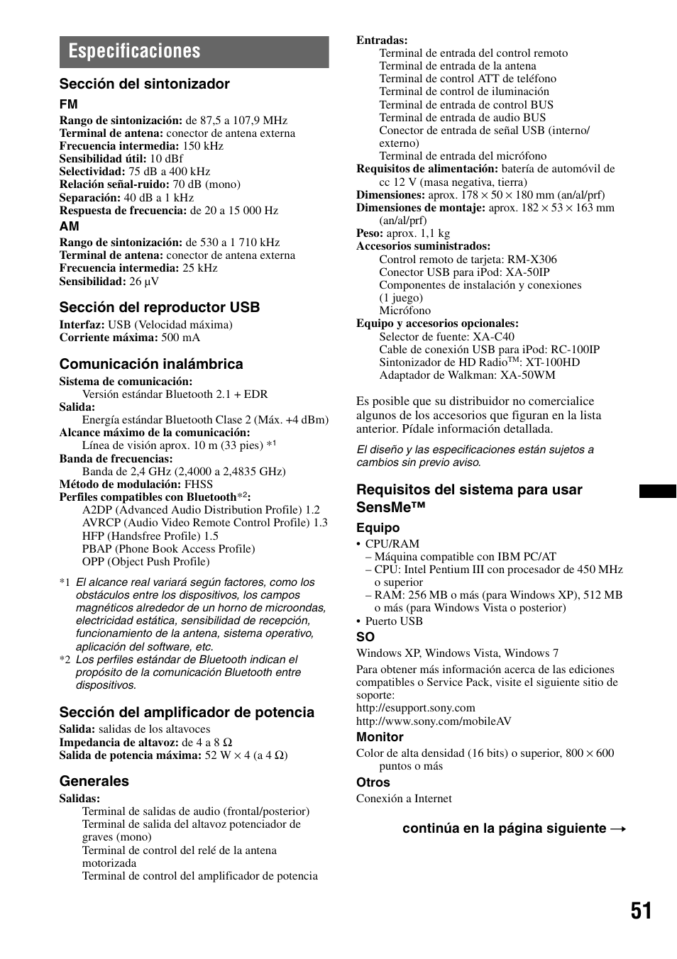 Especificaciones | Sony DSX-S310BTX User Manual | Page 101 / 108