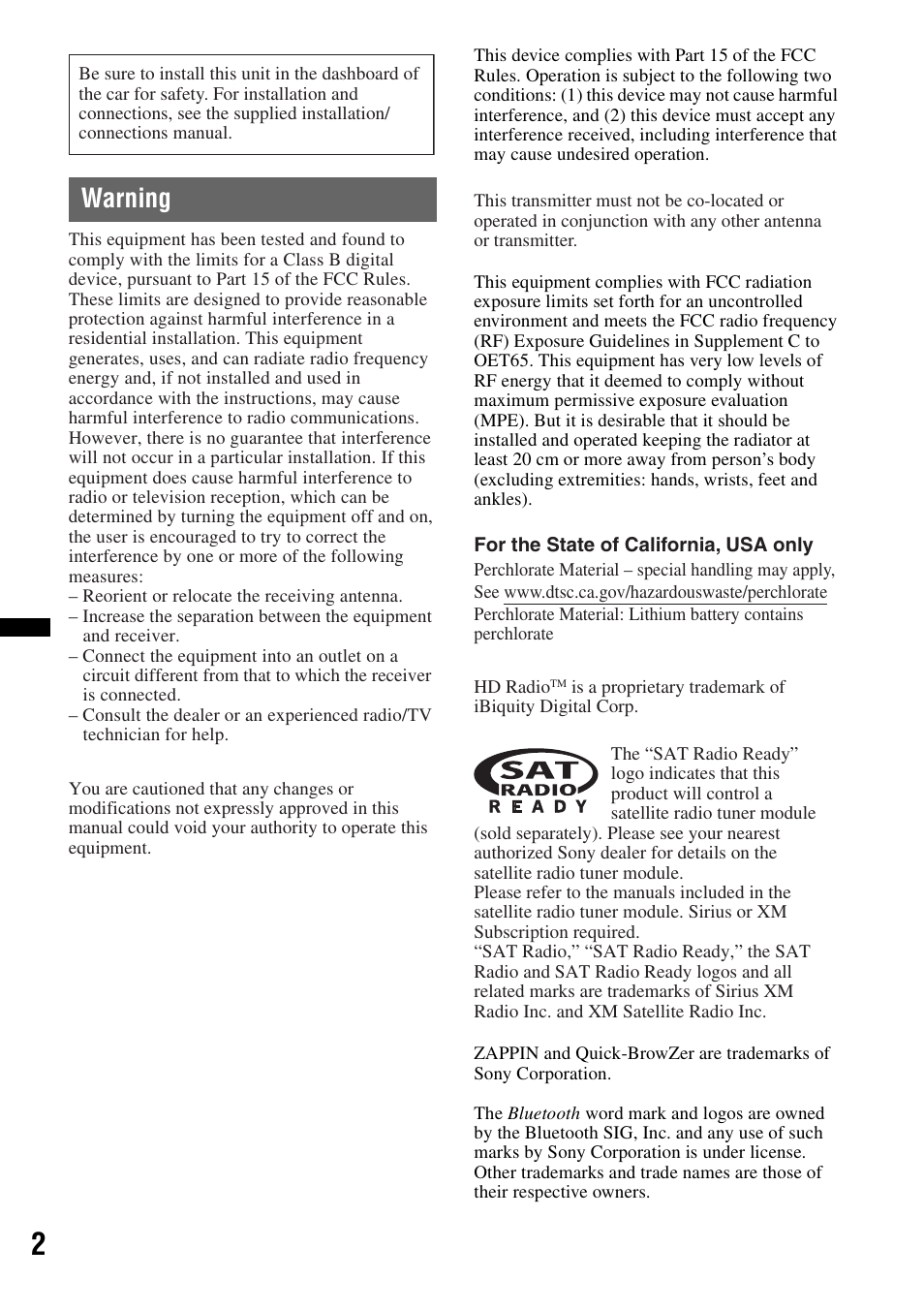 Warning | Sony DSX-S310BTX User Manual | Page 2 / 108