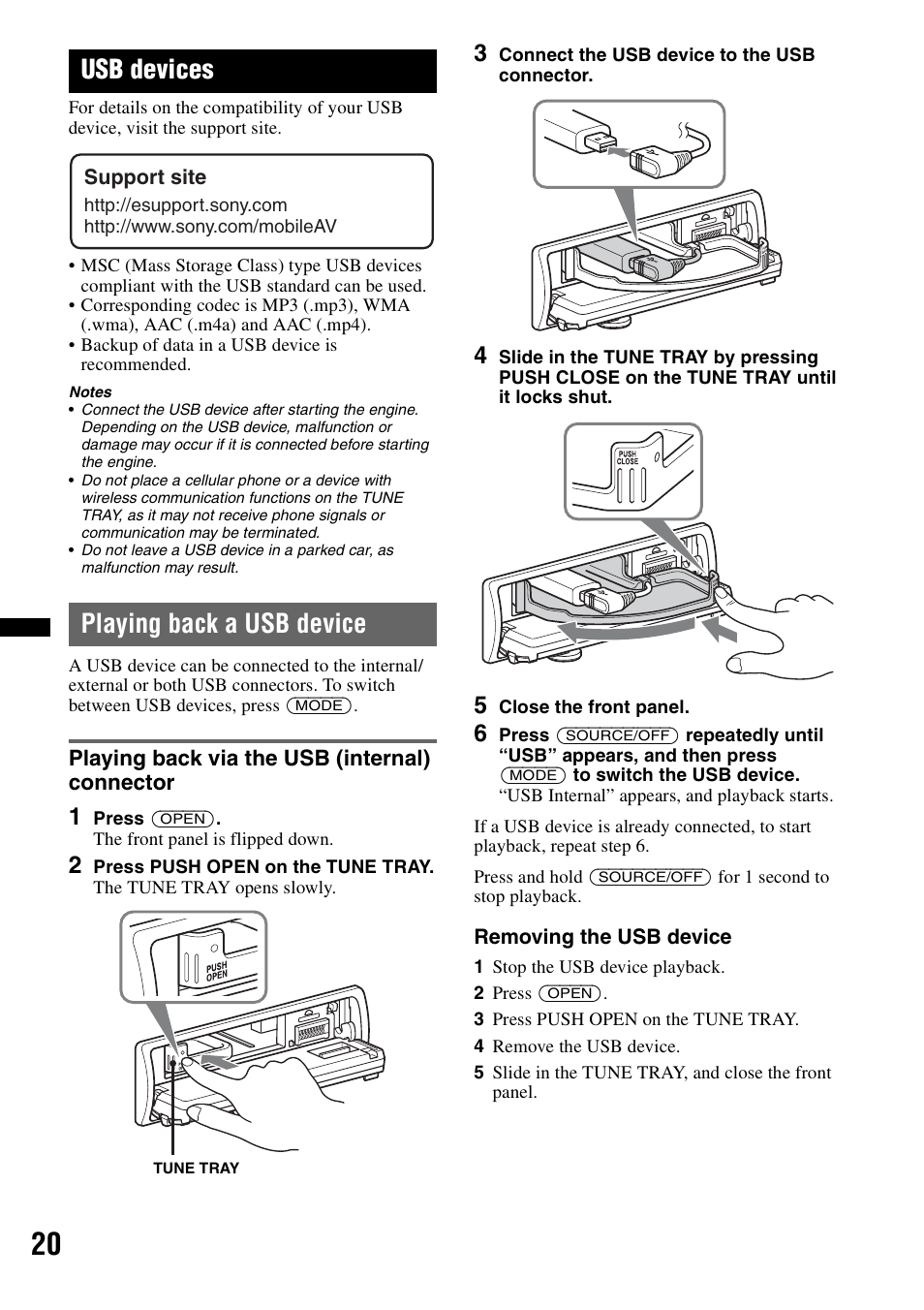 Usb devices, Playing back a usb device, Playing back via the usb (internal) connector | Sony DSX-S310BTX User Manual | Page 20 / 108