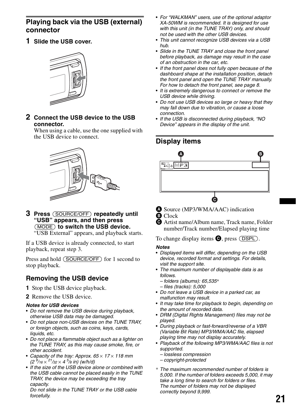Playing back via the usb (external) connector, Display items, Removing the usb device | Sony DSX-S310BTX User Manual | Page 21 / 108