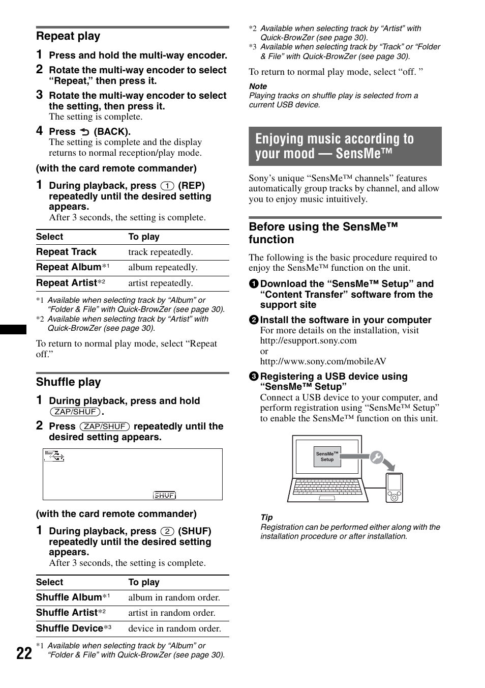 Repeat play, Shuffle play, Enjoying music according to your mood - sensme | Before using the sensme™ function, Repeat play shuffle play, Enjoying music according to your mood — sensme | Sony DSX-S310BTX User Manual | Page 22 / 108