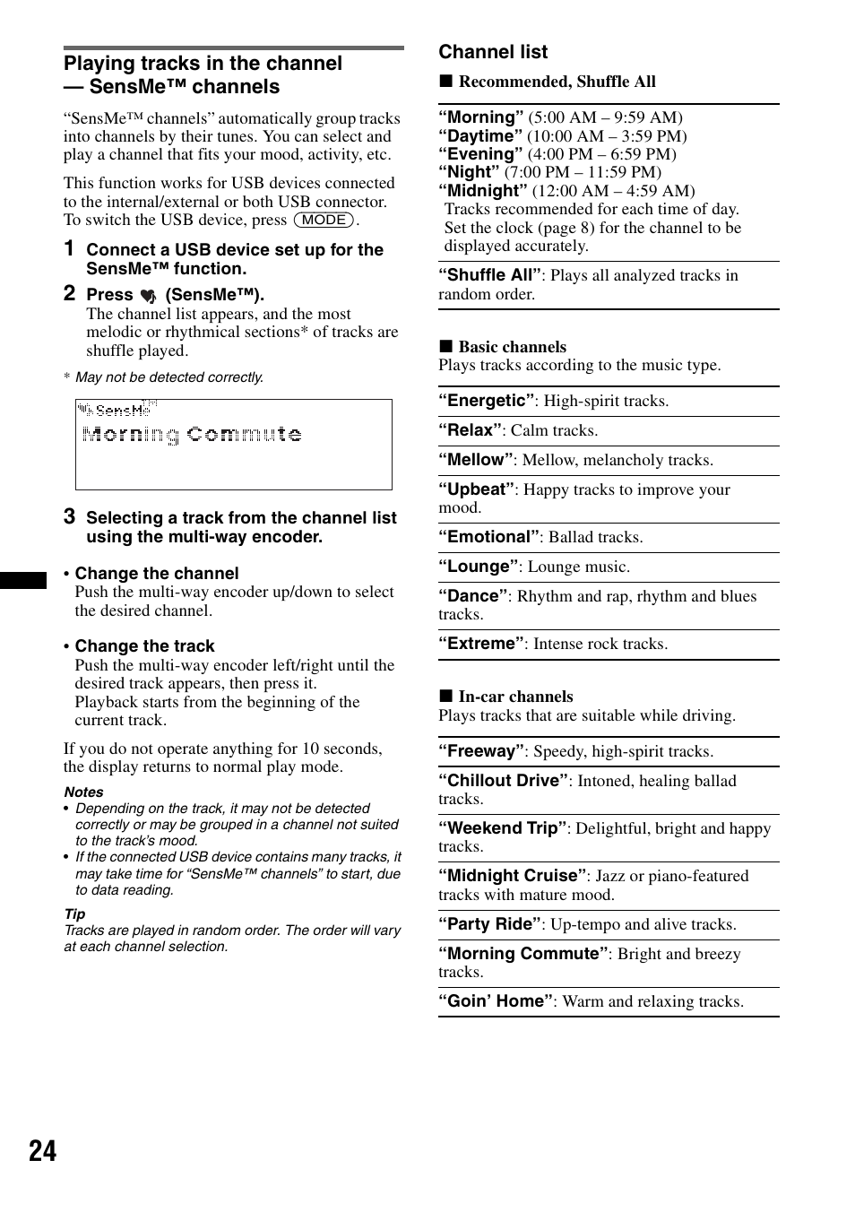 Playing tracks in the channel - sensme™ channels, Playing tracks in the channel — sensme™ channels | Sony DSX-S310BTX User Manual | Page 24 / 108