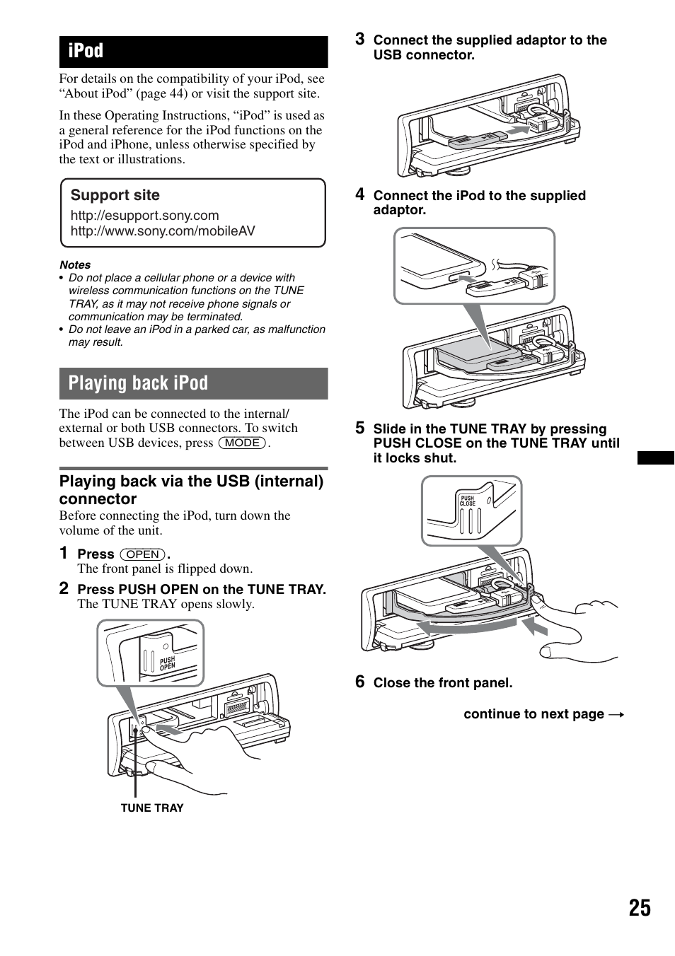 Ipod, Playing back ipod, Playing back via the usb (internal) connector | Sony DSX-S310BTX User Manual | Page 25 / 108