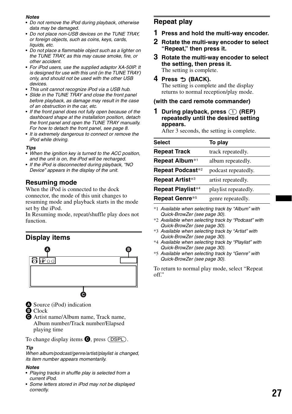 Display items, Repeat play, Display items repeat play | Resuming mode | Sony DSX-S310BTX User Manual | Page 27 / 108