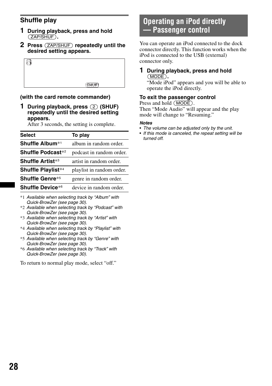 Shuffle play, Operating an ipod directly - passenger control, Operating an ipod directly — passenger control | Sony DSX-S310BTX User Manual | Page 28 / 108