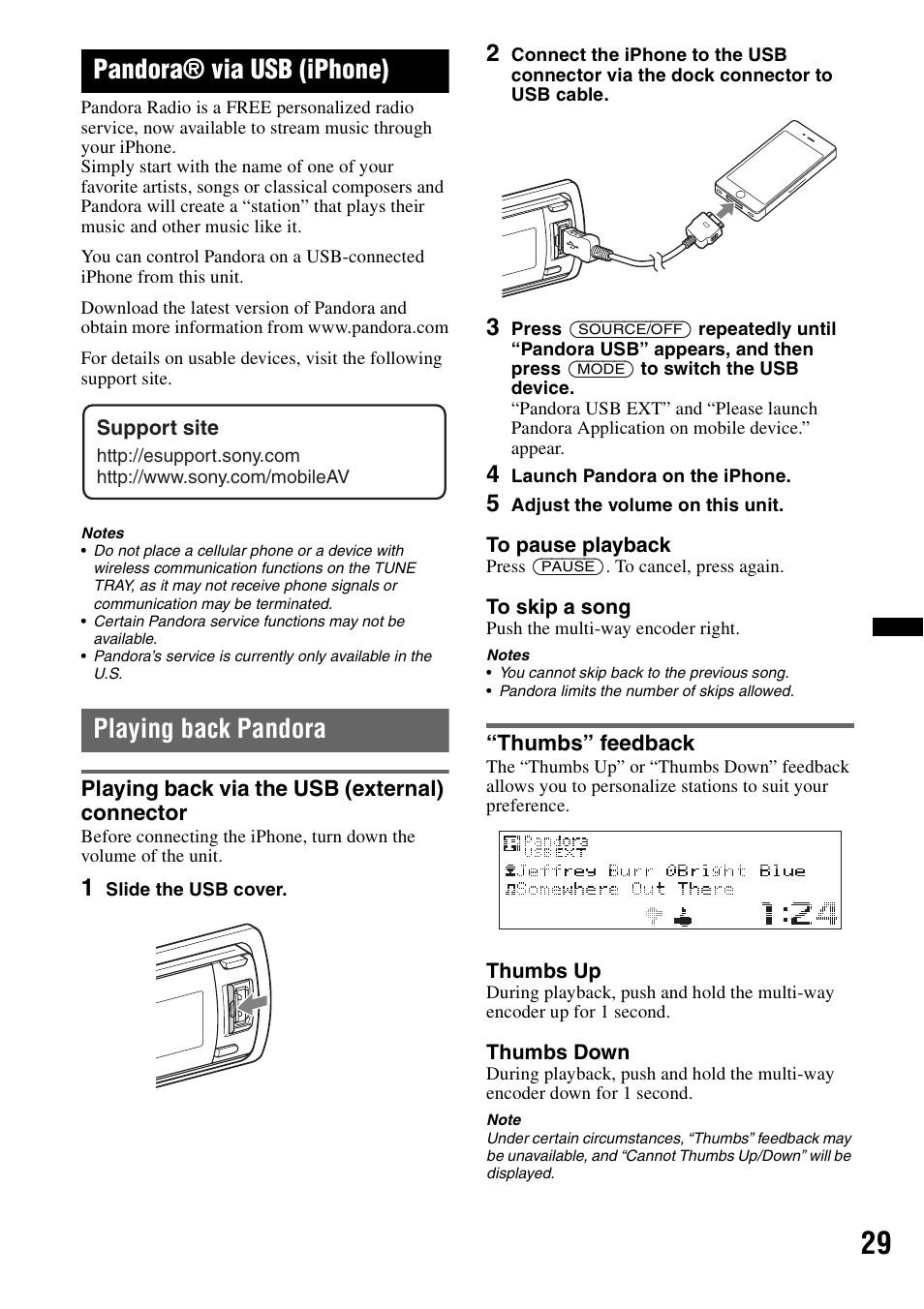Pandora® via usb (iphone), Playing back pandora, Playing back via the usb (external) connector | Thumbs” feedback | Sony DSX-S310BTX User Manual | Page 29 / 108