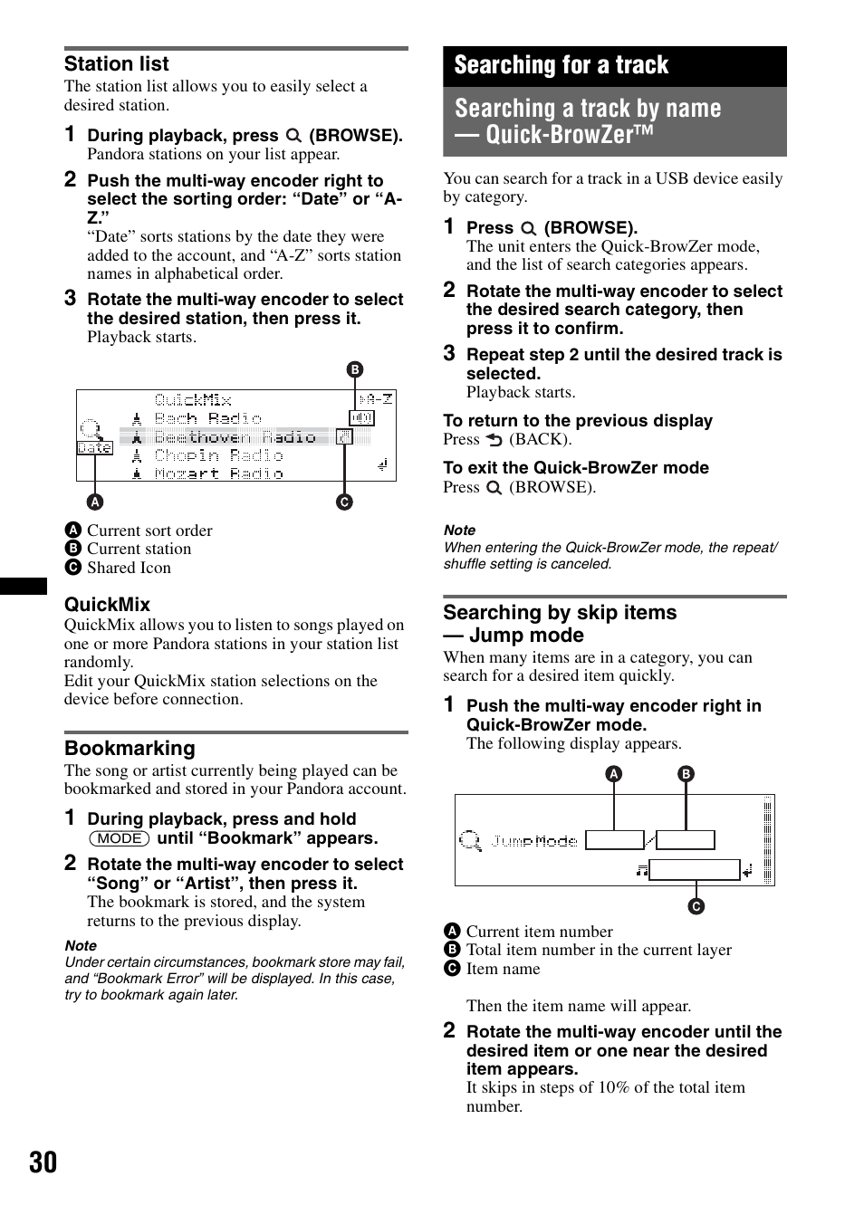 Station list, Bookmarking, Searching for a track | Searching a track by name - quick-browzer, Searching by skip items - jump mode, Station list bookmarking, Searching a track by name — quick-browzer, Searching by skip items — jump mode | Sony DSX-S310BTX User Manual | Page 30 / 108