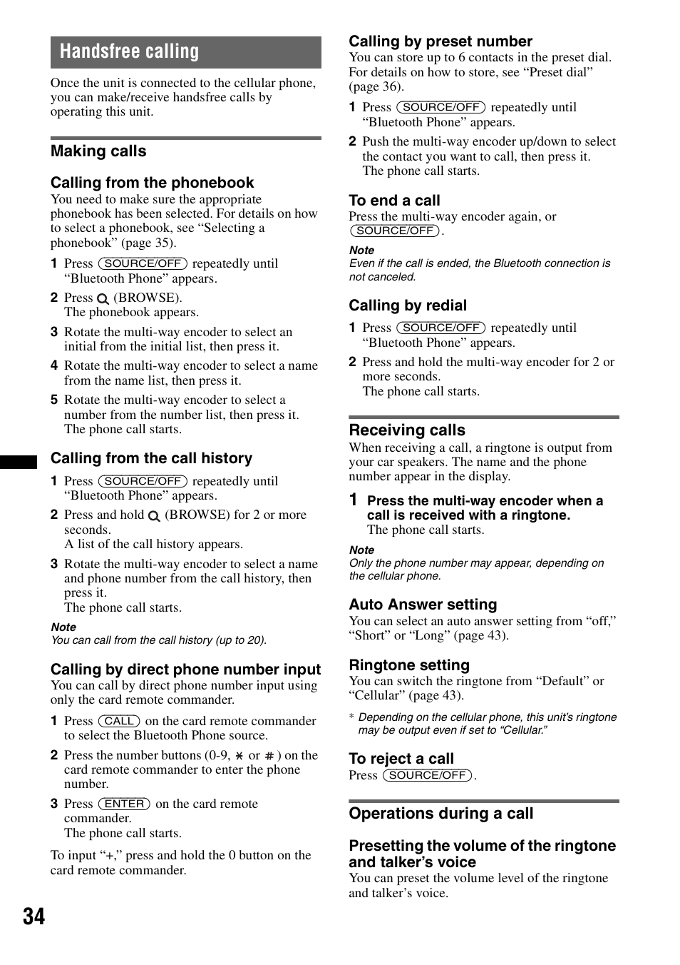 Handsfree calling, Making calls, Receiving calls | Operations during a call | Sony DSX-S310BTX User Manual | Page 34 / 108