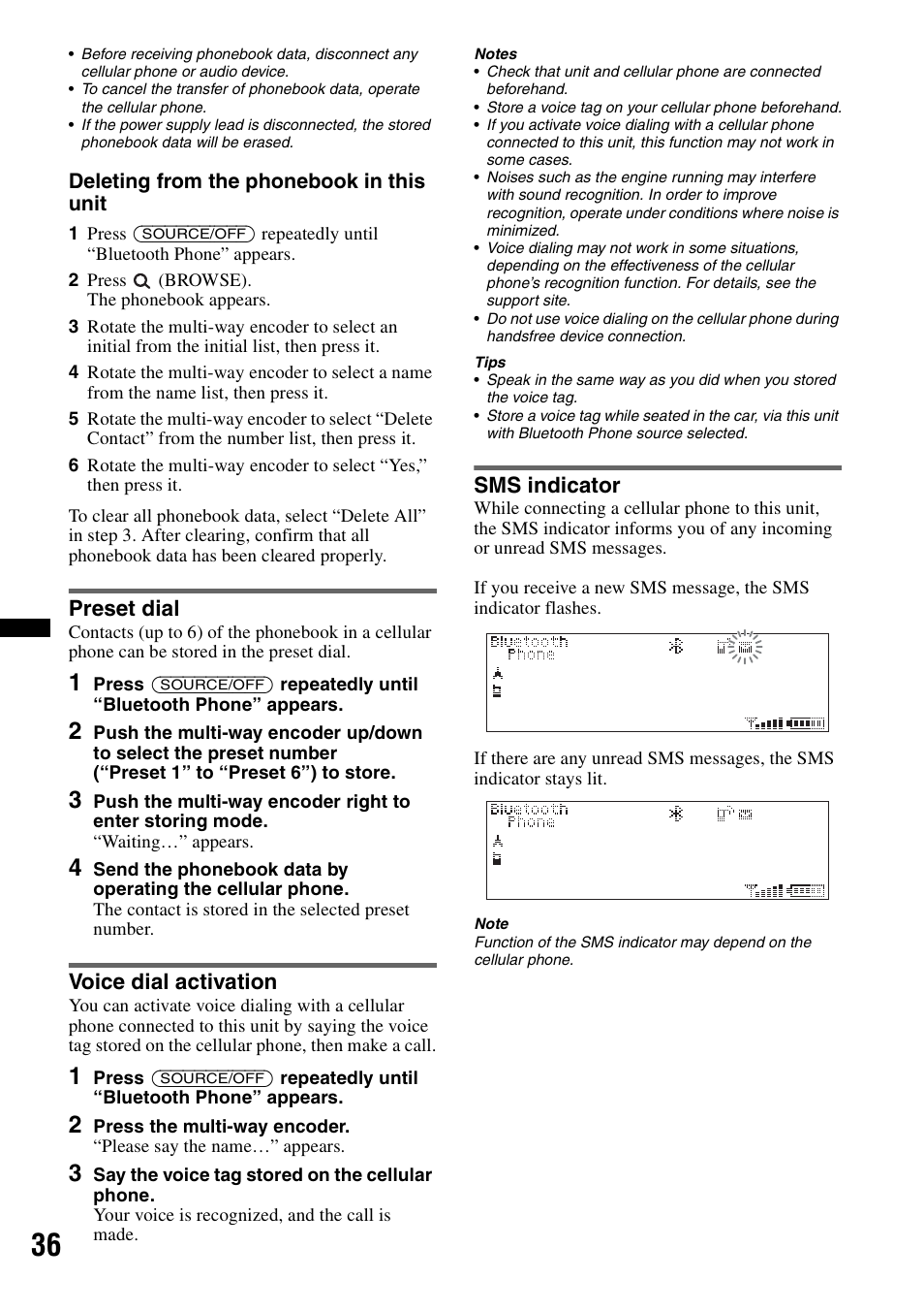 Preset dial, Voice dial activation, Sms indicator | Preset dial voice dial activation sms indicator | Sony DSX-S310BTX User Manual | Page 36 / 108