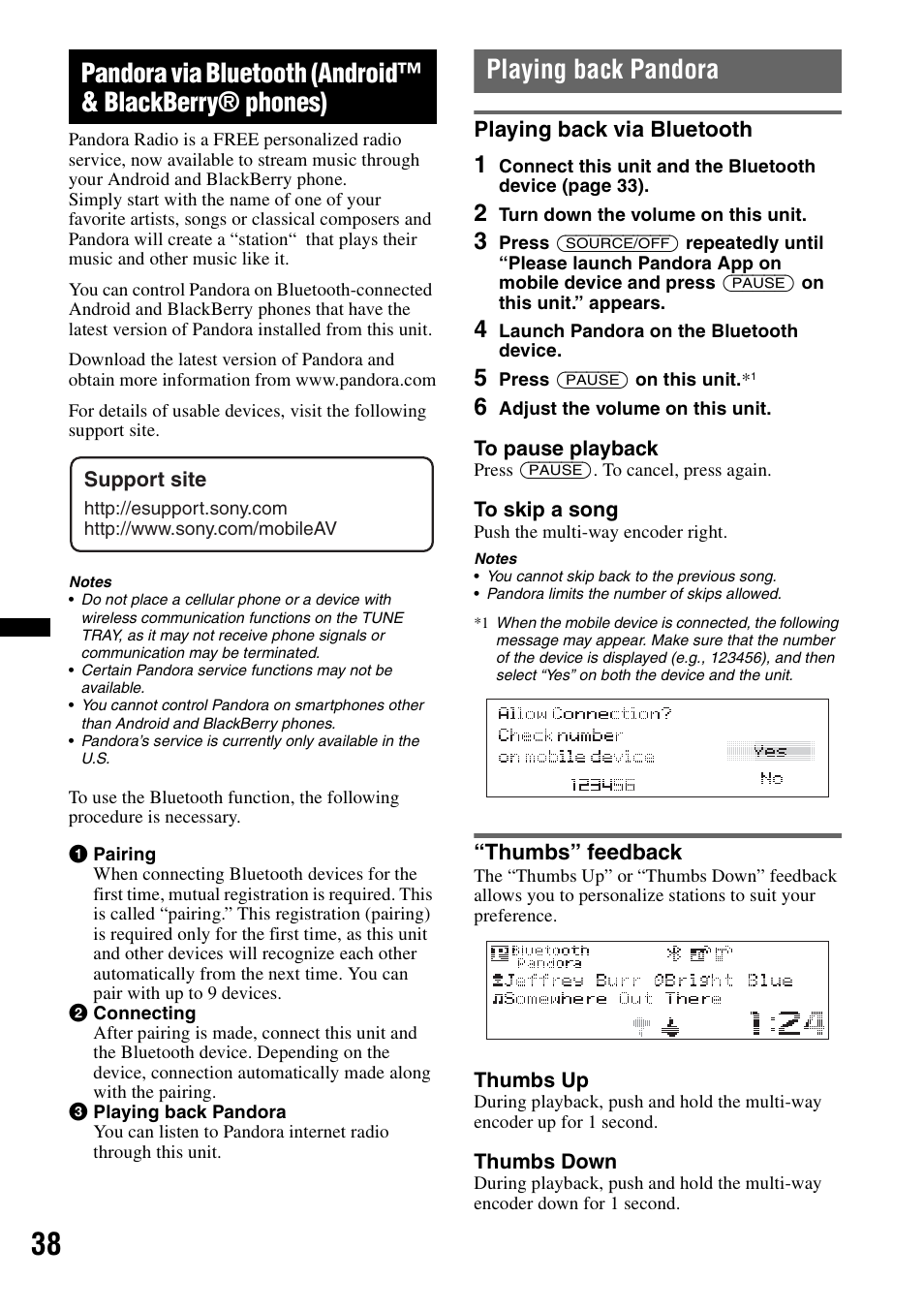 Playing back pandora, Playing back via bluetooth, Thumbs” feedback | Playing back via bluetooth “thumbs” feedback | Sony DSX-S310BTX User Manual | Page 38 / 108