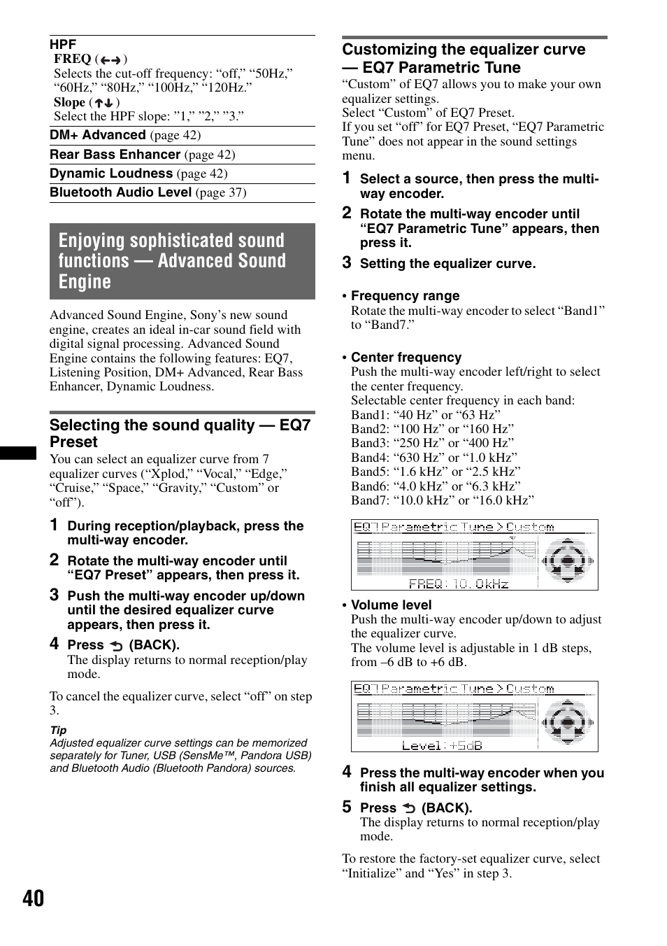 Selecting the sound quality - eq7 preset | Sony DSX-S310BTX User Manual | Page 40 / 108