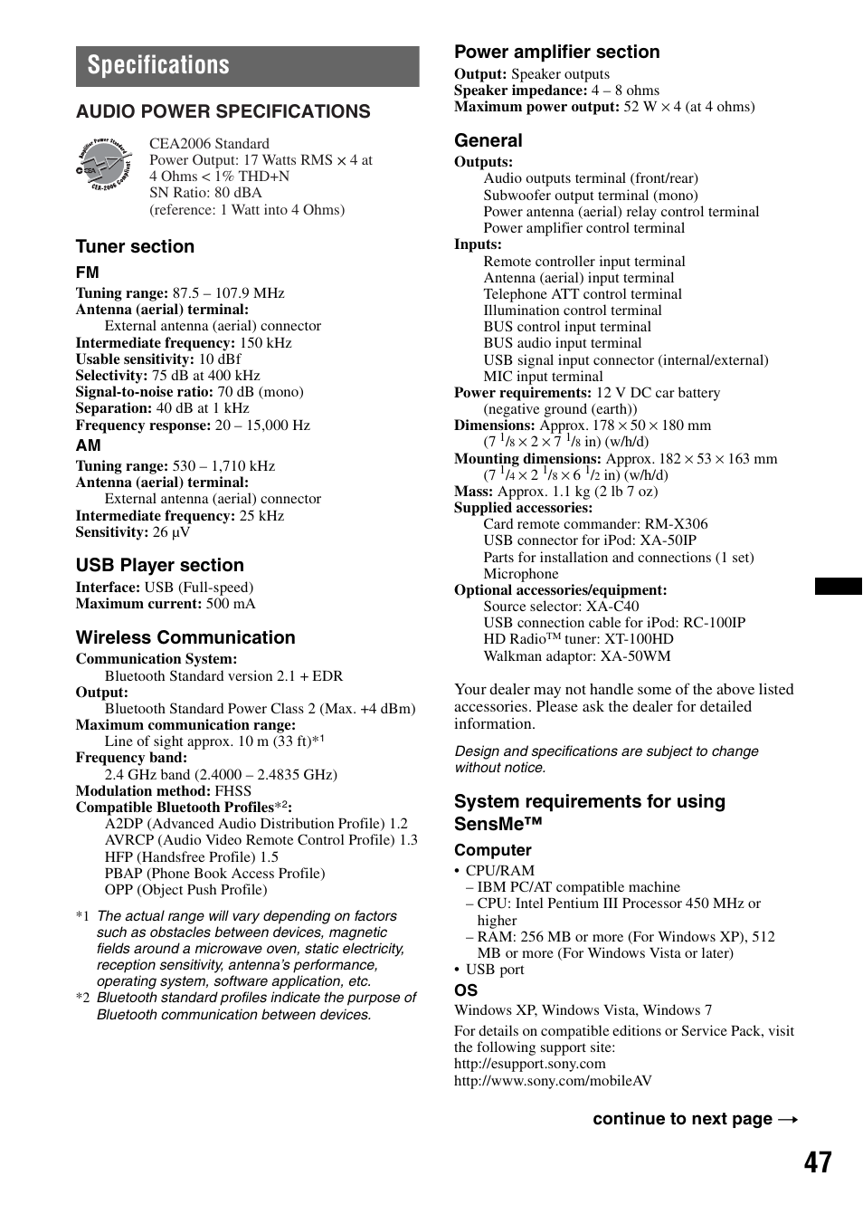 Specifications, Wireless communication, General | System requirements for using sensme, Audio power specifications | Sony DSX-S310BTX User Manual | Page 47 / 108