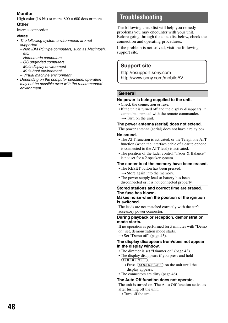 Troubleshooting, Support site | Sony DSX-S310BTX User Manual | Page 48 / 108