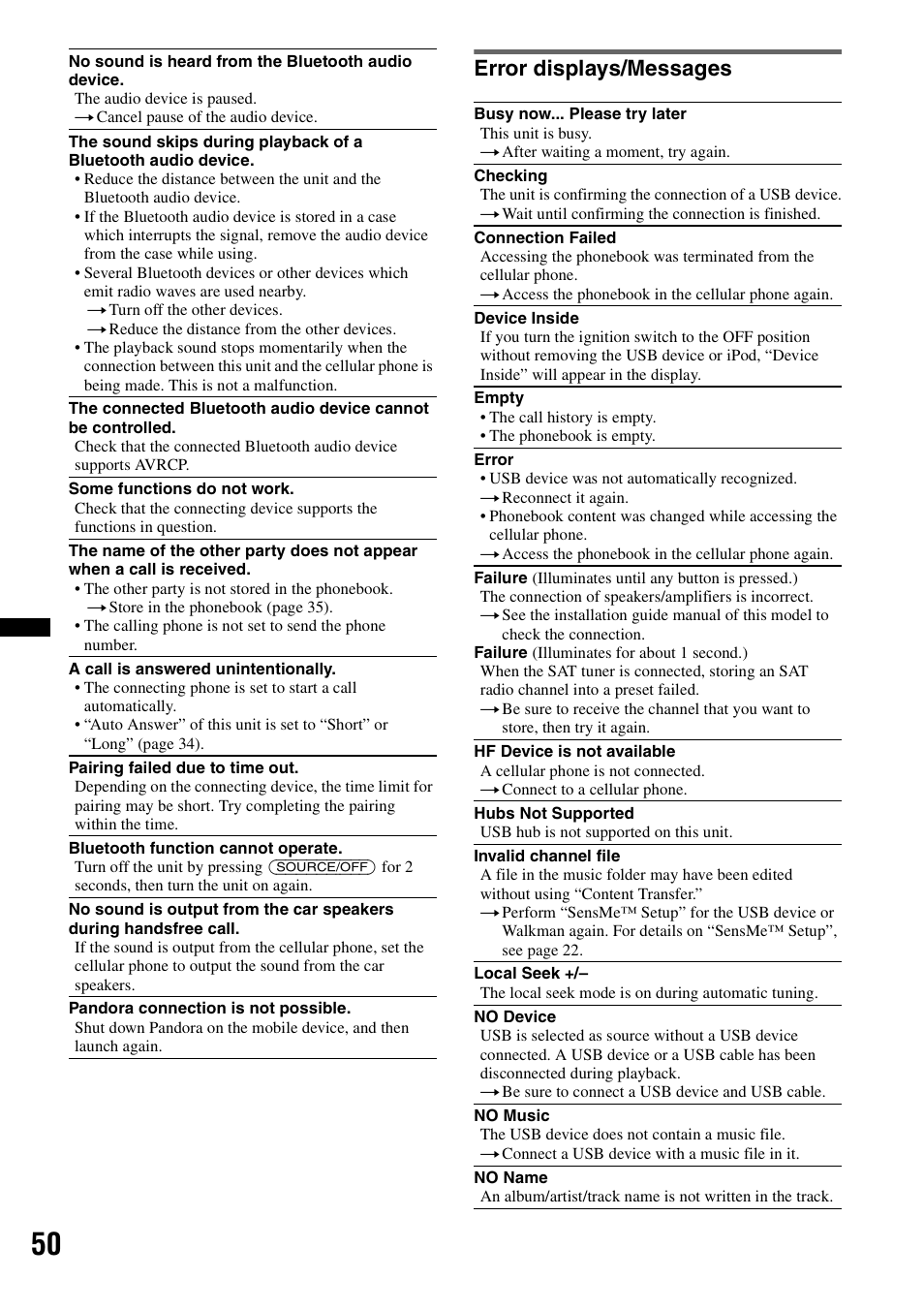 Error displays/messages | Sony DSX-S310BTX User Manual | Page 50 / 108