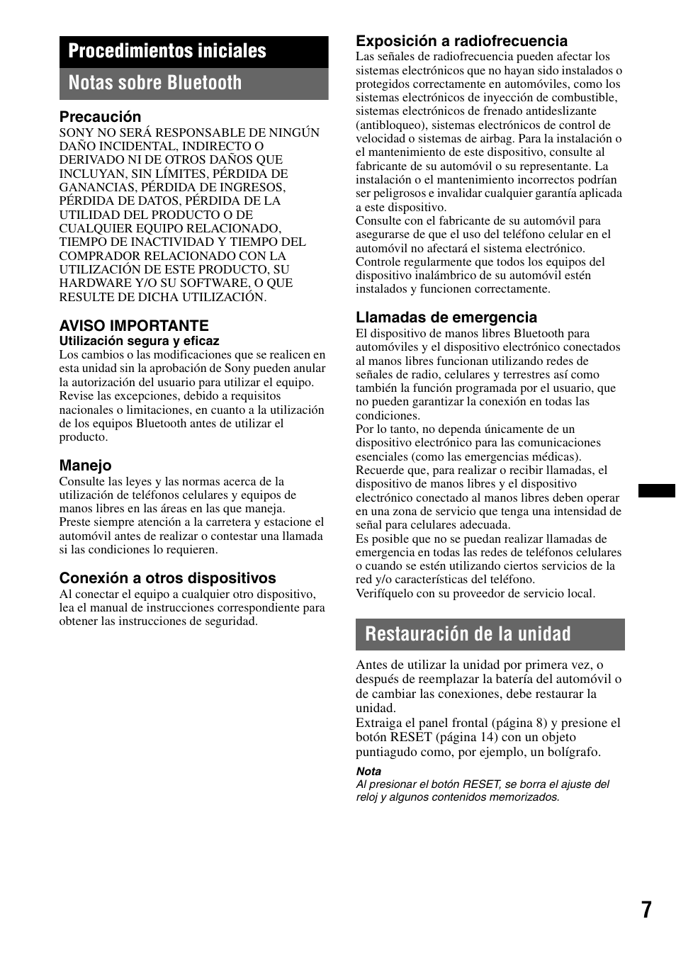 Procedimientos iniciales, Notas sobre bluetooth, Restauración de la unidad | Notas sobre bluetooth restauración de la unidad, Procedimientos iniciales notas sobre bluetooth | Sony DSX-S310BTX User Manual | Page 57 / 108