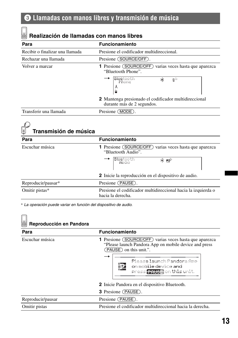 Llamadas con manos libres y, Transmisión de música, 3llamadas con manos libres y transmisión de música | Sony DSX-S310BTX User Manual | Page 63 / 108