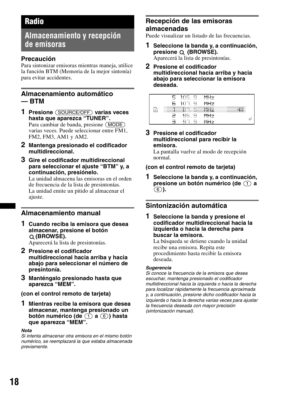 Radio, Almacenamiento y recepción de emisoras, Almacenamiento automático - btm | Almacenamiento manual, Recepción de las emisoras almacenadas, Sintonización automática, Radio almacenamiento y recepción de emisoras | Sony DSX-S310BTX User Manual | Page 68 / 108