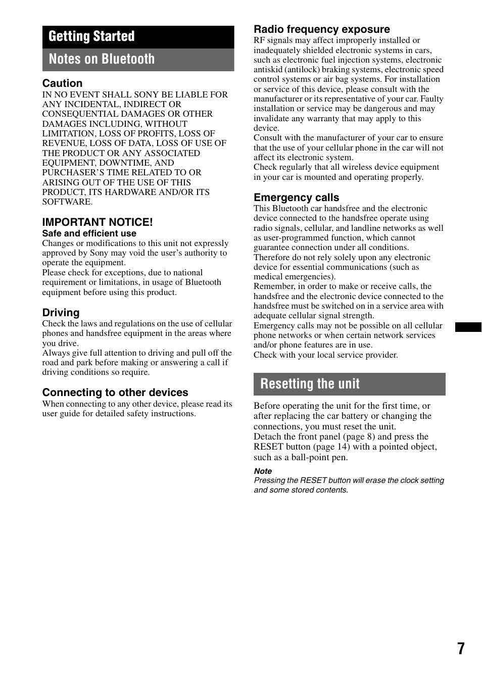 Getting started, Notes on bluetooth, Resetting the unit | Notes on bluetooth resetting the unit | Sony DSX-S310BTX User Manual | Page 7 / 108