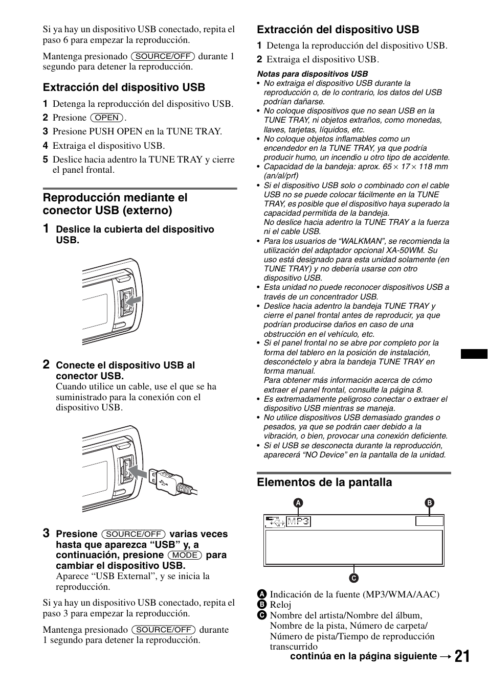 Reproducción mediante el conector usb (externo), Elementos de la pantalla | Sony DSX-S310BTX User Manual | Page 71 / 108
