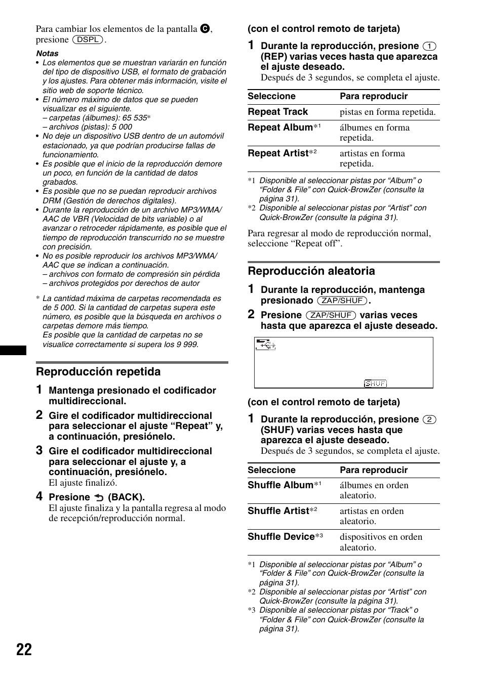 Reproducción repetida, Reproducción aleatoria, Reproducción repetida reproducción aleatoria | Sony DSX-S310BTX User Manual | Page 72 / 108