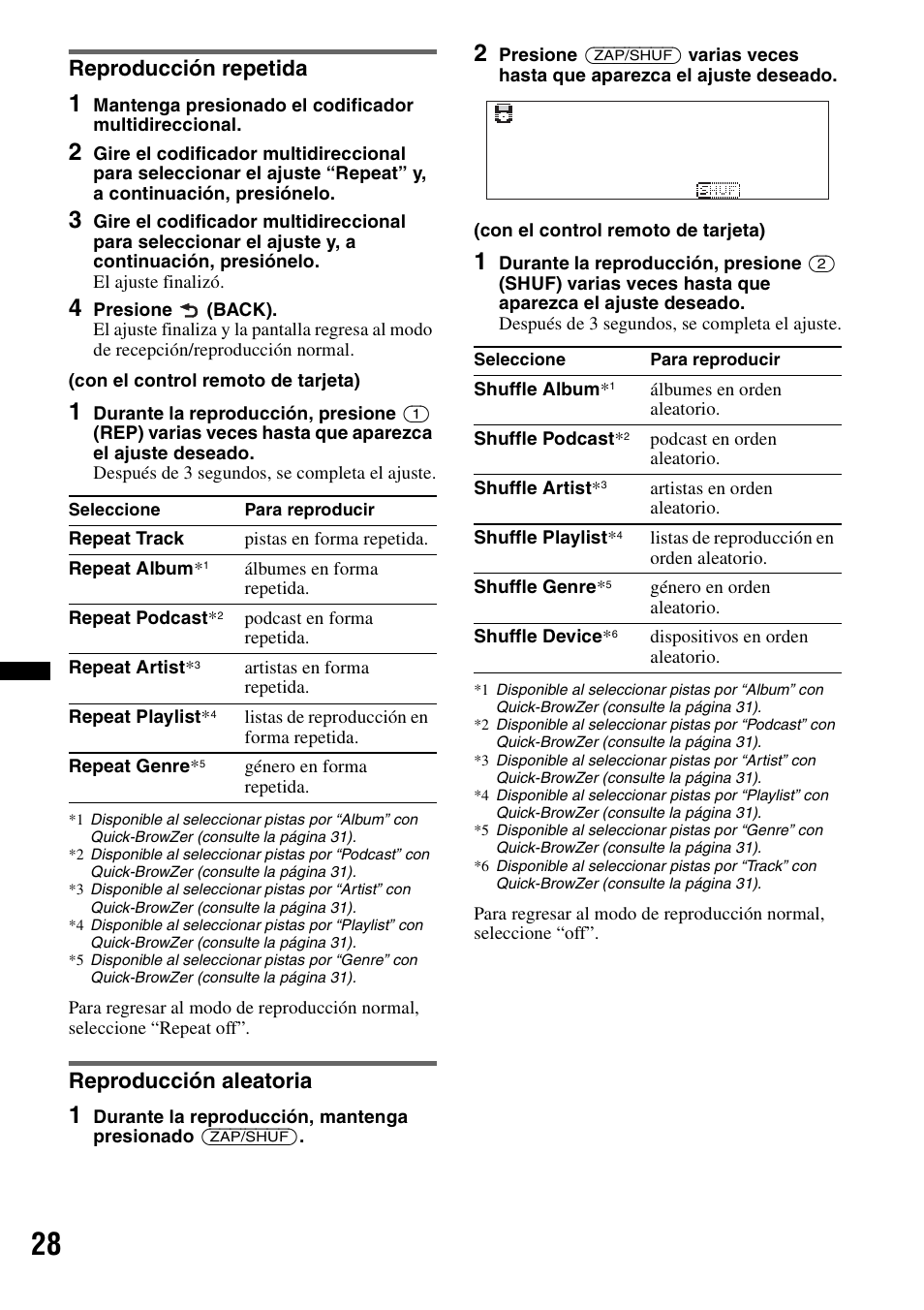 Reproducción repetida, Reproducción aleatoria, Reproducción repetida reproducción aleatoria | Sony DSX-S310BTX User Manual | Page 78 / 108