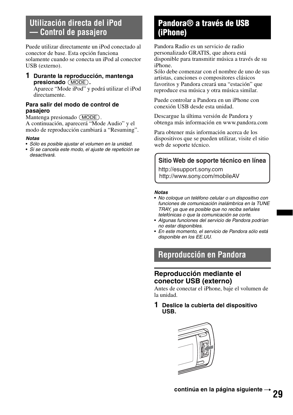 Utilización directa del ipod - control de pasajero, Pandora® a través de usb (iphone), Reproducción en pandora | Reproducción mediante el conector usb (externo), Utilización directa del ipod — control de pasajero | Sony DSX-S310BTX User Manual | Page 79 / 108